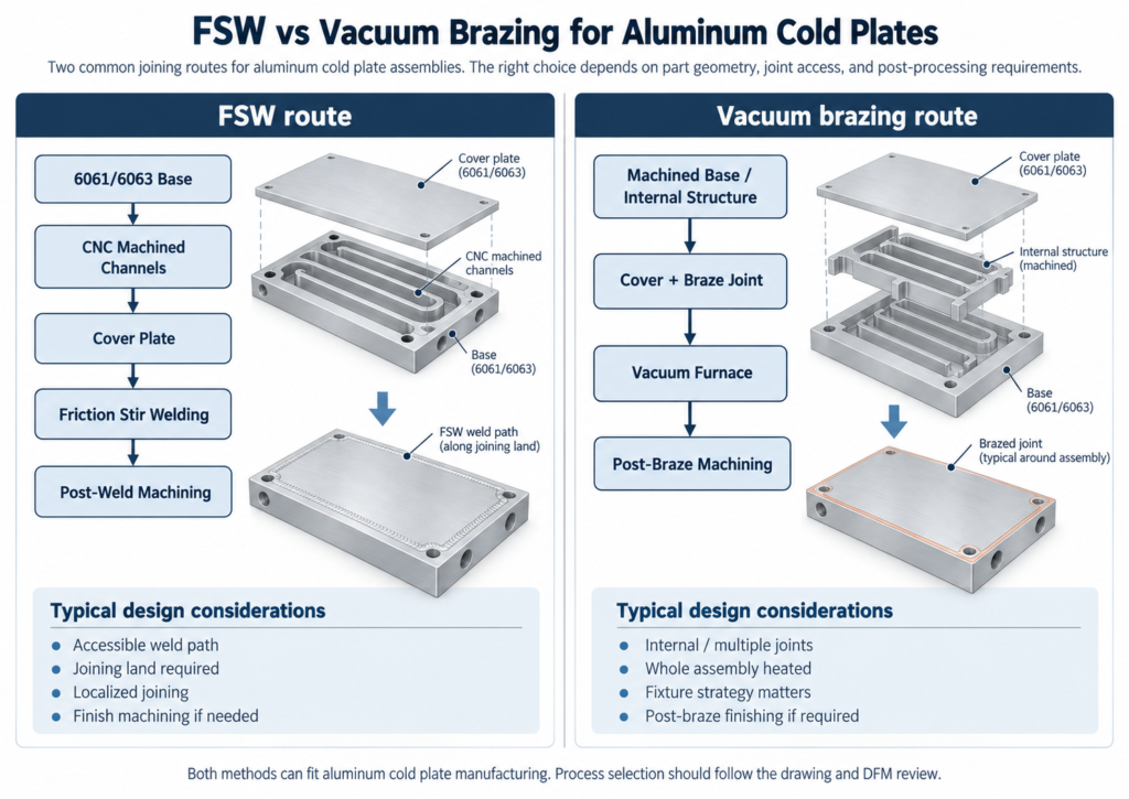 FSW and vacuum brazing manufacturing routes for aluminum cold plates